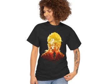 May include: Black t-shirt with a yellow and orange graphic of a character from the anime "One Piece". The character is shown with a determined expression and a sword in hand.