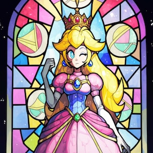 May include: A cartoon illustration of Princess Peach in a pink dress with a gold crown and a star on top. She is standing in front of a stained glass window with colorful geometric shapes.