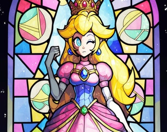 May include: A cartoon illustration of Princess Peach in a pink dress with a gold crown and a star on top. She is standing in front of a stained glass window with colorful geometric shapes.