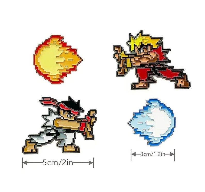 May include: Four enamel pins featuring pixelated characters from a video game. The pins are red, yellow, blue, and white. The pins are approximately 5 cm and 3 cm in size.