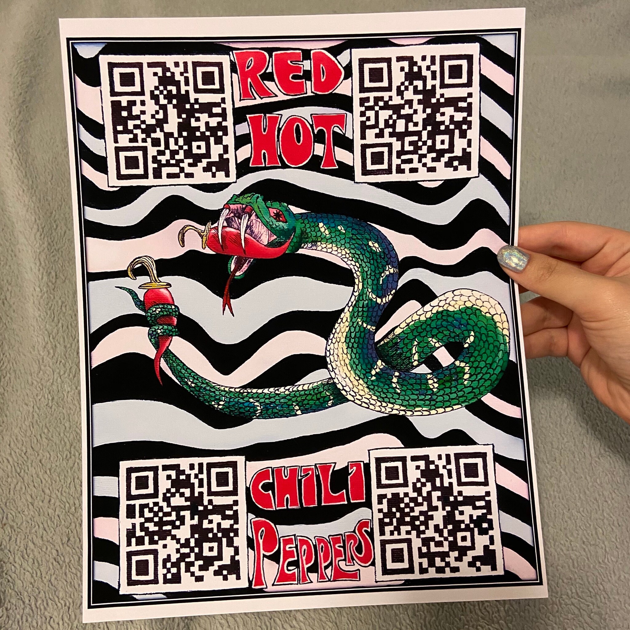 8.5x11 Red Hot Chili Peppers snake QR code art print Etsy