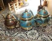 Vintage Enamel Stove-Top Coffee Pot 3Pcs SMALL Coffee Maker Blue Finjan on epink color enamel Set home decor kettles