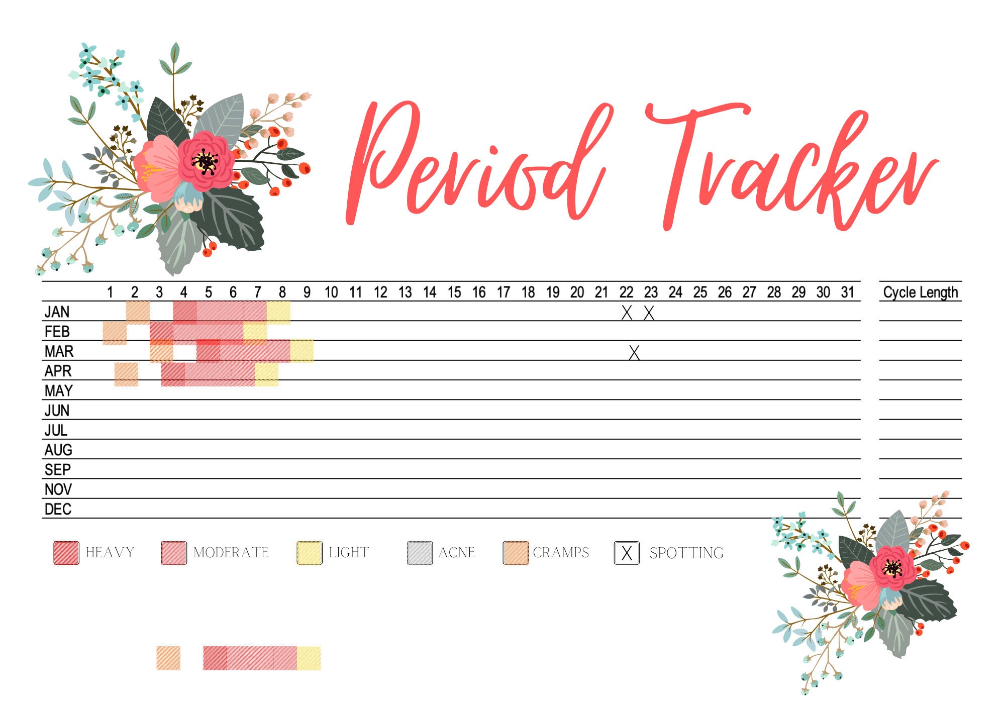 Period Tracker Printable, Month by Month, Simple, Letter Size, A4 and