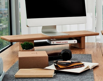 Oak Solid Wood Monitor Holder, Aesthetic Monitor Stand Solo With Hypoallergenic Oil, Natural Materials Monitor Desk Shelf, Gift For Him