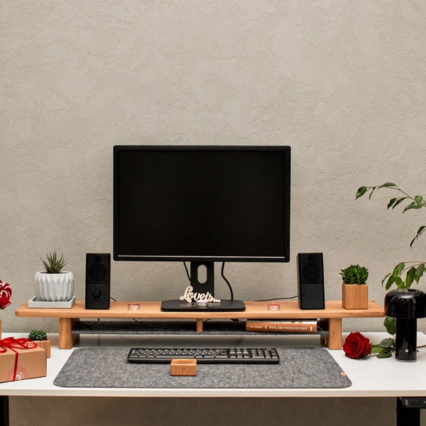 Oak Wood Dual Monitor Stand,Natural Ecological Desk shelf, Office Desk Accessories, Wooden Monitor Riser