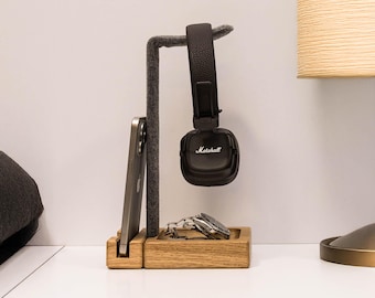 Oak Headphone Stand Combo: Headset Holder, Phone & Accessory Tray