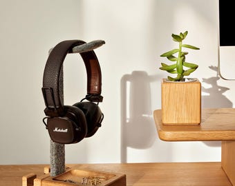 Soporte para auriculares de roble: soporte para teléfono y tableta, organizador de escritorio