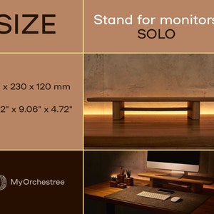 May include: Wooden monitor stand with a shelf, measuring 29.92 inches by 9.06 inches by 4.72 inches. The stand is made of light brown wood and has a natural finish. The stand is shown on a wooden surface with a monitor on top of it. The text "Stand for monitors SOLO" is visible in the image.