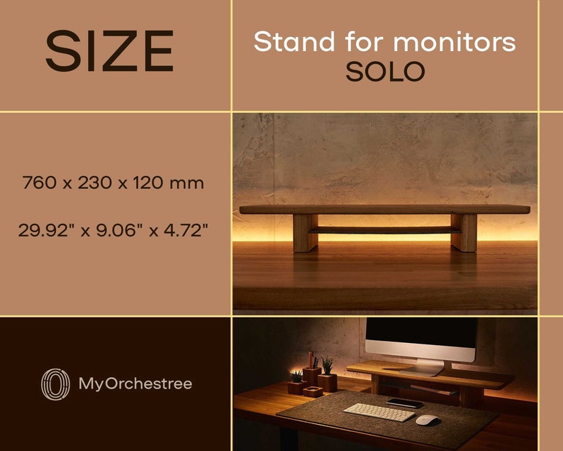 May include: Wooden monitor stand with a shelf, measuring 29.92 inches by 9.06 inches by 4.72 inches. The stand is made of light brown wood and has a natural finish. The stand is shown on a wooden surface with a monitor on top of it. The text "Stand for monitors SOLO" is visible in the image.