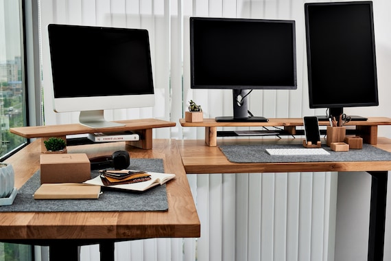 Oak Monitor Stand: Solid Wood Desk Shelf with Metal Shelf