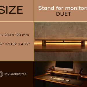 May include: Wooden stand for two monitors, called "DUET", with a natural wood finish. The stand is 45.67 inches long, 9.06 inches wide, and 4.72 inches high. The stand is shown with two monitors on top of it, and a keyboard and mouse on the desk below.