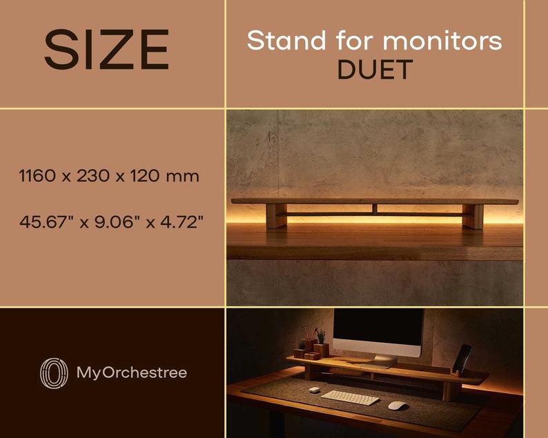 May include: Wooden stand for two monitors, called "DUET", with a natural wood finish. The stand is 45.67 inches long, 9.06 inches wide, and 4.72 inches high. The stand is shown with two monitors on top of it, and a keyboard and mouse on the desk below.