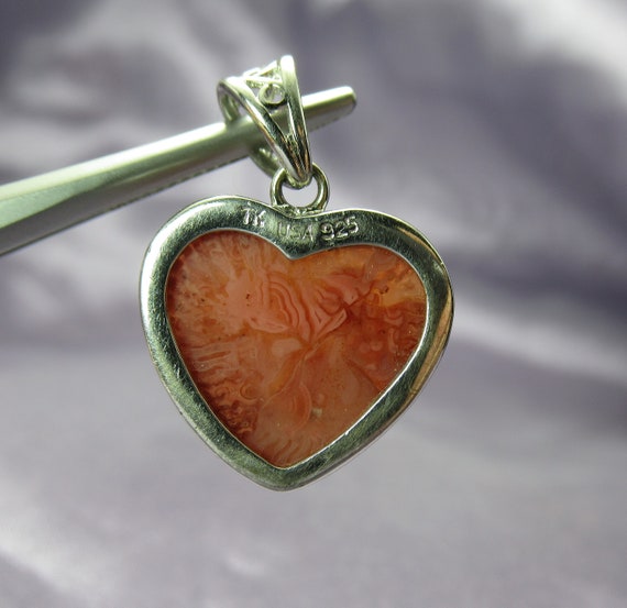 Sterling Silver Red Coral Heart Pendant / 4.58 G … - image 2