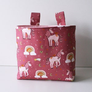 Handlebar bag bed utensil old pink unicorn and rainbow, playpen bag, balance bike bag, tricycle bag