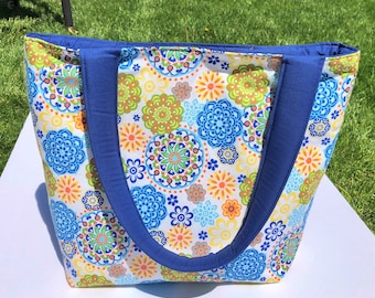 Blue and Orange Burst Flower Power Tote / Handbag / Shoulder Bag / Purse