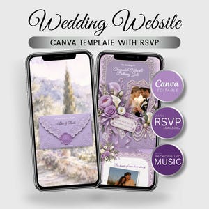 Puede incluir: Dos teléfonos inteligentes muestran una plantilla de sitio web de bodas de Canva con detalles florales morados, encaje y perlas. Las pantallas muestran seguimiento de RSVP, música de fondo y campos de texto editables para nombres y fechas.