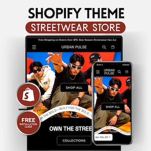 May include: A Shopify theme for a streetwear store displayed on a computer monitor and a smartphone. The screen shows the Urban Pulse website with a hero image of people in streetwear, a Shop All button, and the text Own The Street.