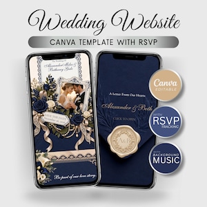 Puede incluir: Dos teléfonos inteligentes muestran una plantilla de sitio web de bodas de Canva con RSVP. Las pantallas muestran diseños florales en azul marino y crema, un sello de cera y texto que incluye Wedding Website, CANVA TEMPLATE WITH RSVP y A Letter From Our Hearts.