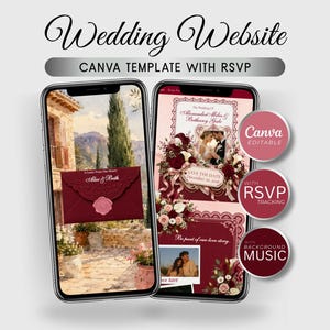 Pode incluir: Dois smartphones exibindo um modelo de site de casamento Canva com rastreamento de RSVP e música de fundo. As telas mostram envelopes bordô, arranjos florais e fotos de um casal contra um fundo de villa mediterrânea.