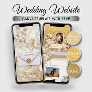White Gold Wedding Website Template Editable Canva Wedding Invitation RSVP Elegant Digital Invitation Mobile Friendly Wedding Site Template