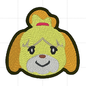 May include: Embroidered patch featuring a smiling, cartoon-style dog face with yellow fur, brown ears, and a pink bow. The patch has a dark green border and is likely for clothing or accessories.
