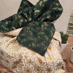 Furoshiki Noël Réversible emballage cadeau tissus vert/flocon ivoire