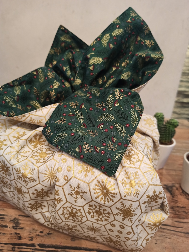 Furoshiki Noël Réversible emballage cadeau tissus vert/flocon ivoire