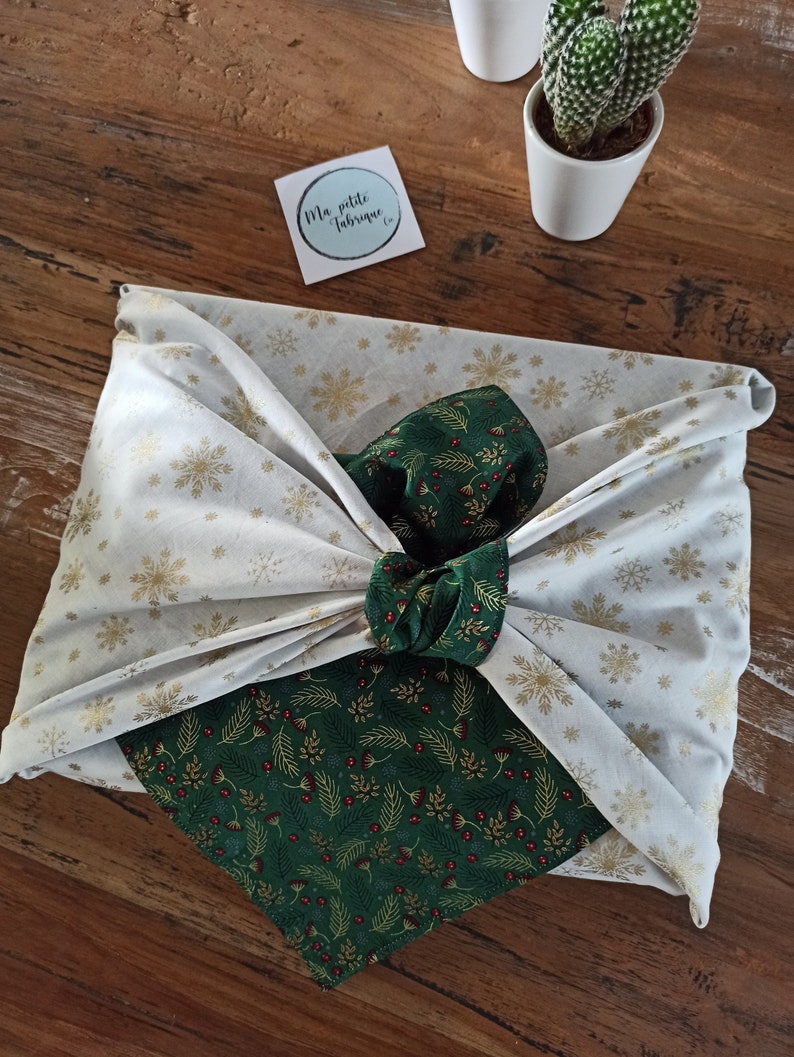 Furoshiki Noël Réversible emballage cadeau tissus vert/flocon blanc or