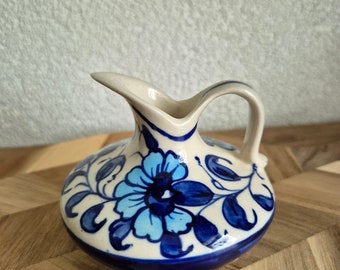 Hand painted small pottery pitcher from Multan, Pakistan, blue and white floral design