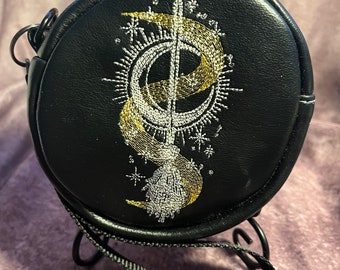 Illuminated Broom Wiccan Witch Embroidered Round Wristlet Vegan Bag