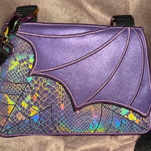 Batwing Purple Serpentine Crossbody Bag. Clutch Purse