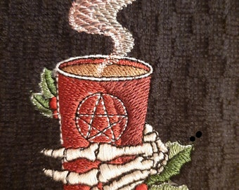A Warm Drink Skeleton Hand  Tea Towel Goth Christmas Creepmas
