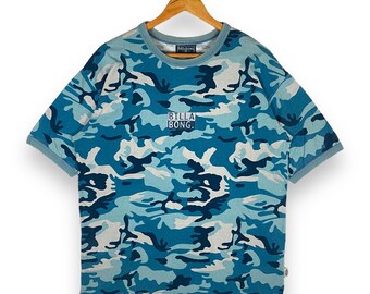 Rare!! Vintage 90's BILLABONG Center Logo Blue Camouflage Made In Fiji Surfing T Shirt Large Size