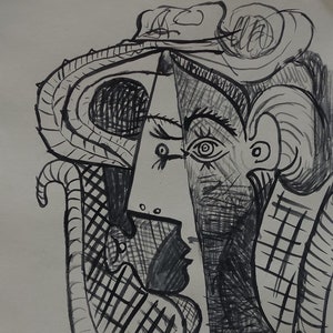 Sehr seltenes Unikat Kubist Picasso Ära, Portrait Studie, Tuschezeichnung, signiert