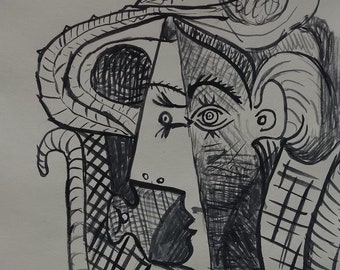Very rare unique Cubist Picasso era, Portrait study, ink drawing, Signed