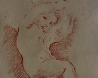 European Old Master drawing, Child, Charcoal Portrait study, Fine art