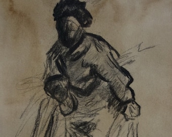 Fine post impressionist, charcoal drawing of a woman, after Vincent van Gogh Signed Marked