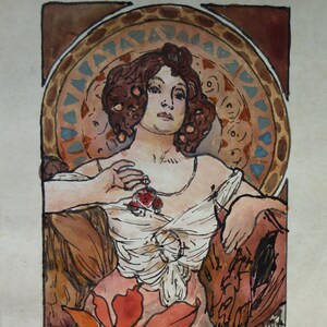 May include: A watercolor painting of a woman in a white dress with a red flower in her hair. She is sitting in a chair with a red flower in her lap. The background is a brown and gold pattern.