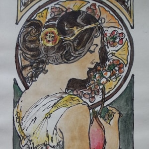 Fine art, Rare Art Noveau painting – woman, signed, Alphonse Mucha