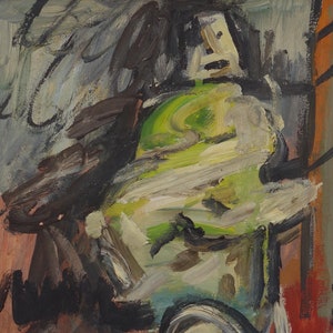 May include: Abstract painting in shades of green, brown, black, and white. The painting features a figure with a green head and a black body. The artist's signature, "Frank Auerbach", is visible in the lower right corner.