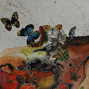 Fine art, Rare Surrealism painting – butterfly landscape, signed, Salvador Dali