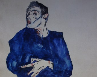 Fine art, Rare Expresionist painting – portrait, signed, Egon Schiele