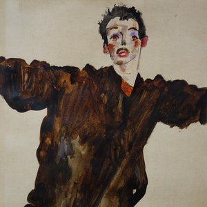 May include: A watercolour painting of a person wearing a brown jacket and a purple scarf. The person is looking directly at the viewer. The painting is signed "Egon Schiele" in the bottom right corner.
