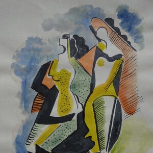 May include: Abstract watercolor painting of two figures in black, yellow, green, orange, and blue. The painting is signed "Archipenko" in the bottom right corner.