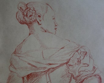 European Old Master drawing, Woman, Charcoal Portrait study, Fine art