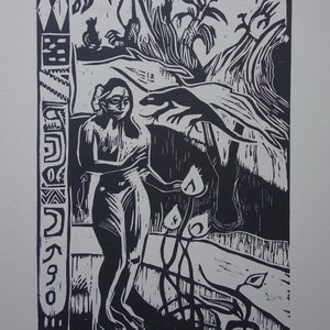 Limited edition woodcut, Tahitian woman, Paul Gauguin, signed, stamped and numbered