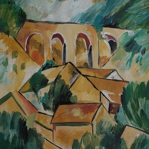Notable pintura al óleo de paisaje cubista francés, época de Picasso Braque, Firmado