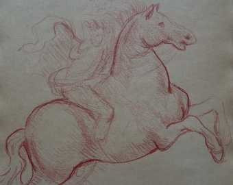 European Old Master drawing, Horse, Charcoal Figure study, Fine art