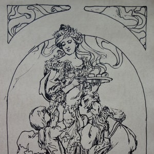 May include: A black and white line drawing of a woman holding a tray with three objects on it. Three children are looking up at her. The drawing is framed with a decorative border.