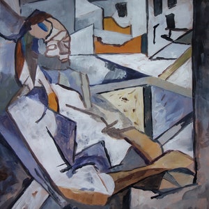 Fino cubista francés raro, pintura gouache – interior, firmado – era Picasso